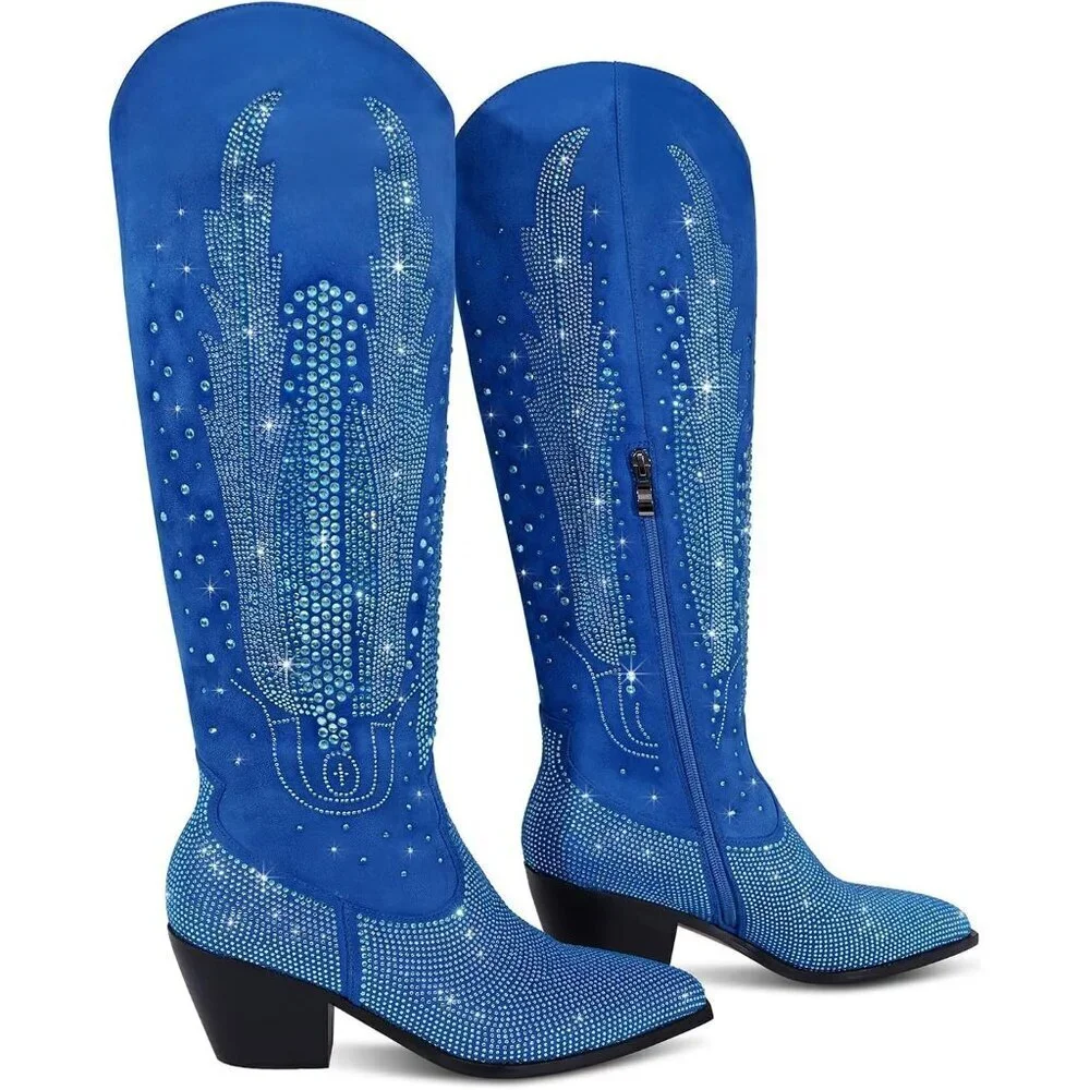 Women Polyurethane Blue Knee High Pointed Toe Chunky Heel Rhinestone Boot
